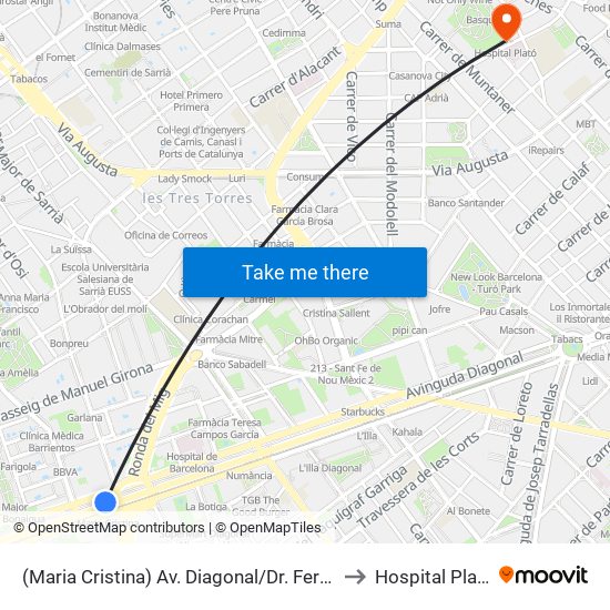 (Maria Cristina) Av. Diagonal/Dr. Ferran to Hospital Plató map