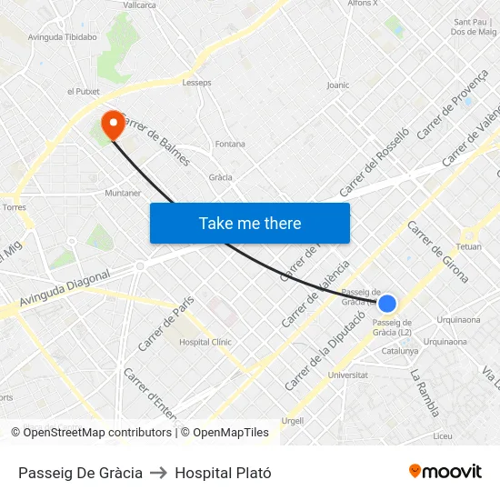 Passeig De Gràcia to Hospital Plató map