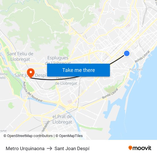 Metro Urquinaona to Sant Joan Despí map