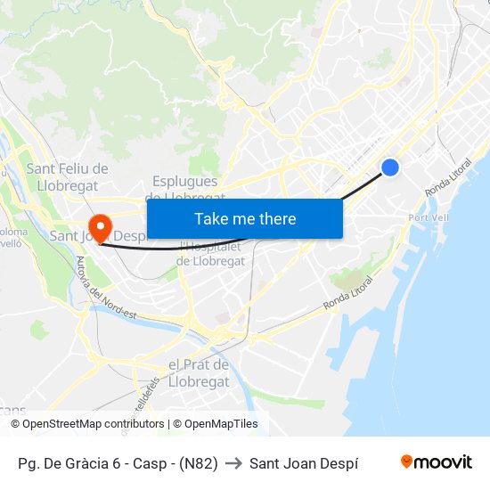 Pg. De Gràcia 6 - Casp - (N82) to Sant Joan Despí map