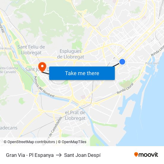 Gran Via - Pl Espanya to Sant Joan Despí map