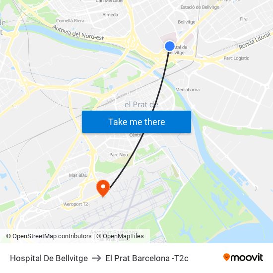 Hospital De Bellvitge to El Prat Barcelona -T2c map