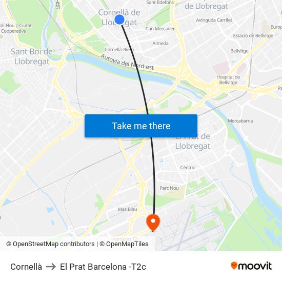 Cornellà to El Prat Barcelona -T2c map