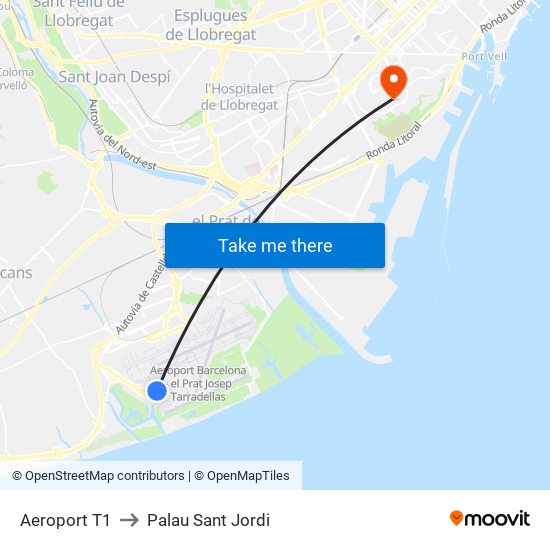 Aeroport T1 to Palau Sant Jordi map