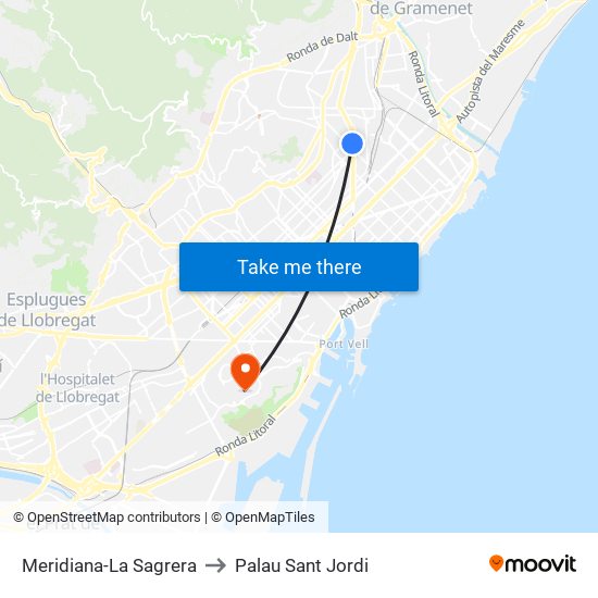 Meridiana-La Sagrera to Palau Sant Jordi map