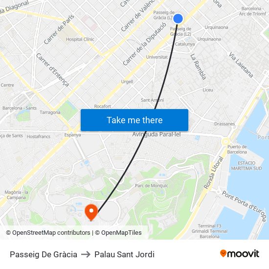 Passeig De Gràcia to Palau Sant Jordi map