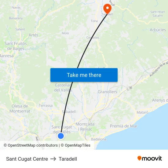 Sant Cugat Centre to Taradell map