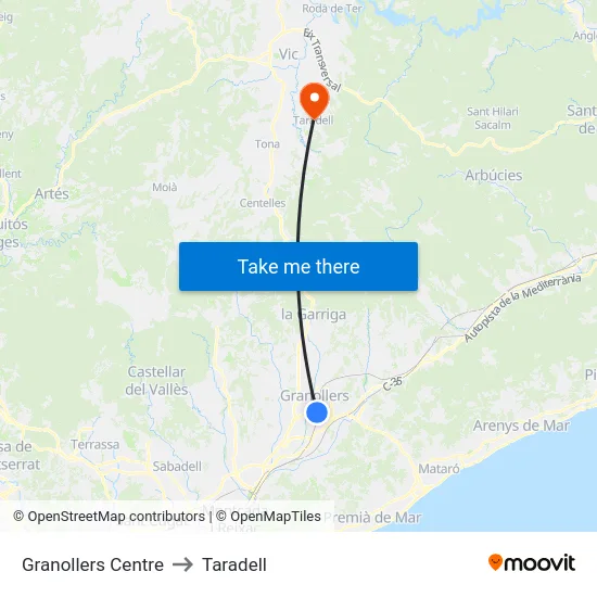 Granollers Centre to Taradell map