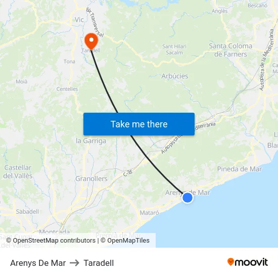Arenys De Mar to Taradell map