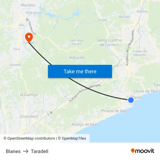 Blanes to Taradell map