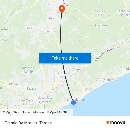 Premià De Mar to Taradell map