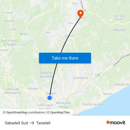 Sabadell Sud to Taradell map