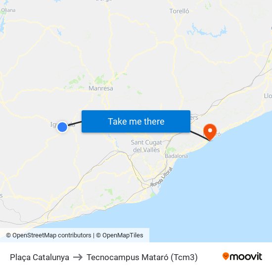Plaça Catalunya to Tecnocampus Mataró (Tcm3) map