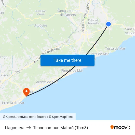 Llagostera to Tecnocampus Mataró (Tcm3) map