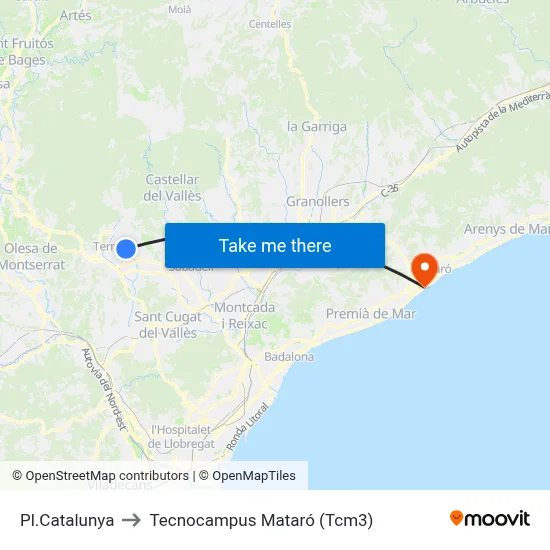 Pl.Catalunya to Tecnocampus Mataró (Tcm3) map