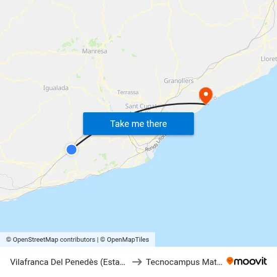Vilafranca Del Penedès (Estació D'Autobusos) to Tecnocampus Mataró (Tcm3) map