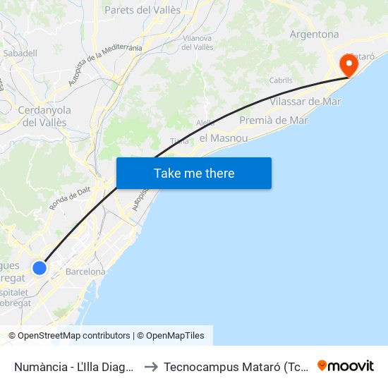 Numància - L'Illa Diagonal to Tecnocampus Mataró (Tcm3) map