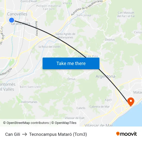 Can Gili to Tecnocampus Mataró (Tcm3) map