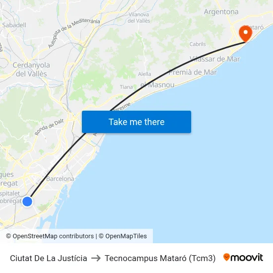 Ciutat De La Justícia to Tecnocampus Mataró (Tcm3) map