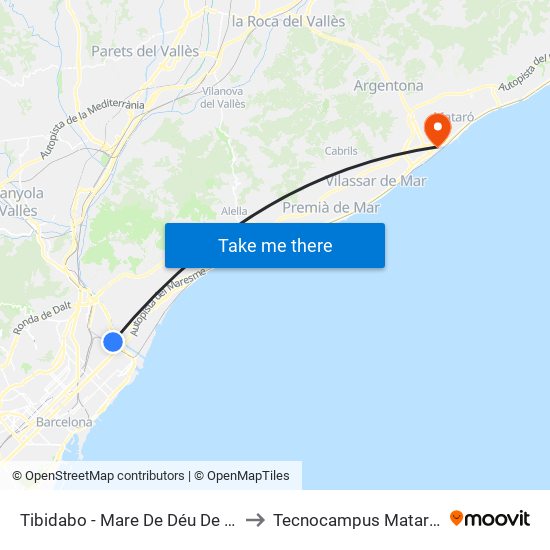 Tibidabo - Mare De Déu De Montserrat to Tecnocampus Mataró (Tcm3) map