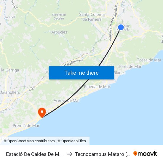 Estació De Caldes De Malavella to Tecnocampus Mataró (Tcm3) map