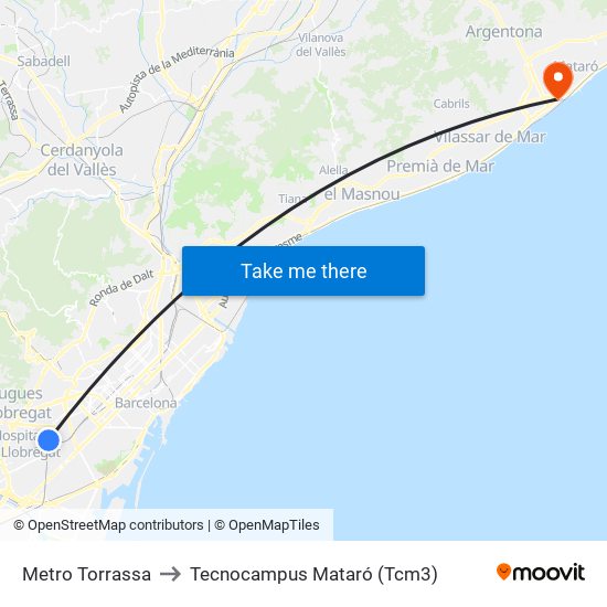Metro Torrassa to Tecnocampus Mataró (Tcm3) map