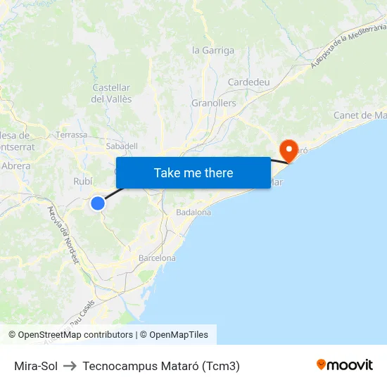 Mira-Sol to Tecnocampus Mataró (Tcm3) map