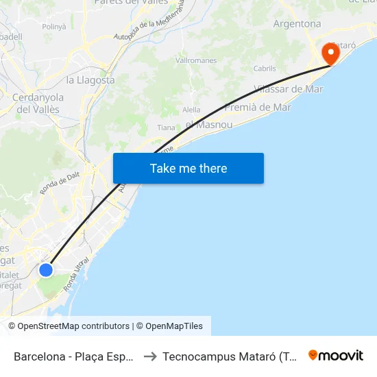 Barcelona - Plaça Espanya to Tecnocampus Mataró (Tcm3) map