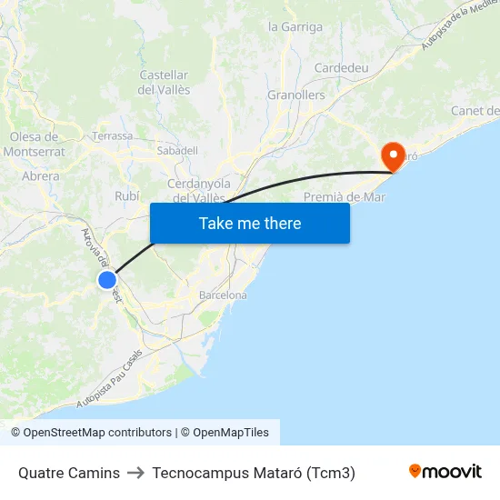 Quatre Camins to Tecnocampus Mataró (Tcm3) map