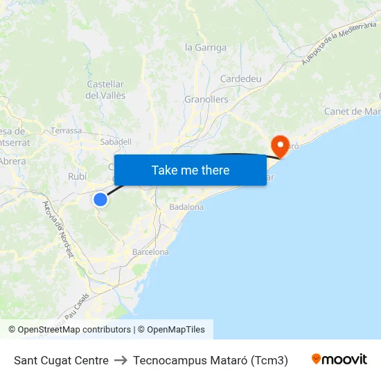 Sant Cugat Centre to Tecnocampus Mataró (Tcm3) map