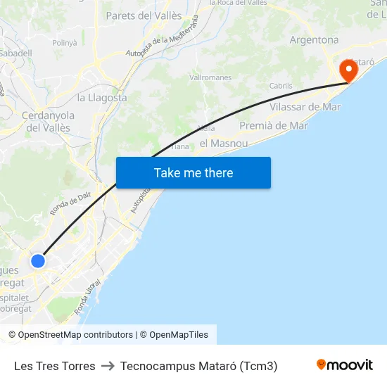 Les Tres Torres to Tecnocampus Mataró (Tcm3) map