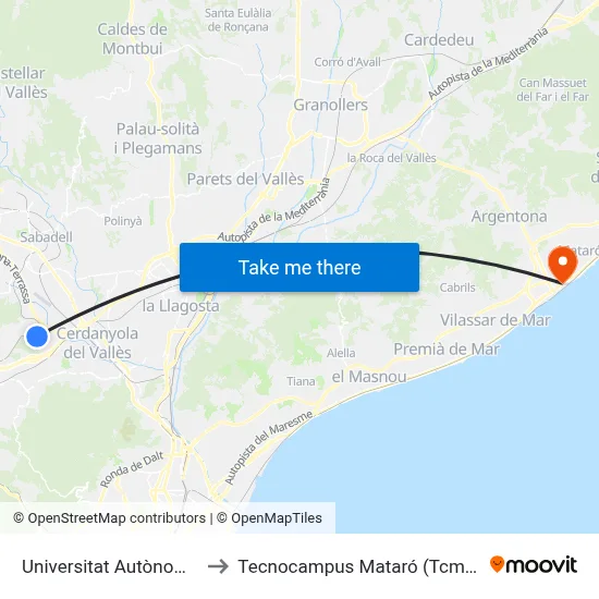 Universitat Autònoma to Tecnocampus Mataró (Tcm3) map