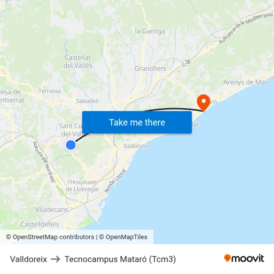 Valldoreix to Tecnocampus Mataró (Tcm3) map