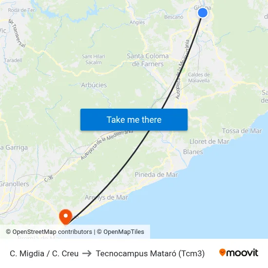 C. Migdia / C. Creu to Tecnocampus Mataró (Tcm3) map