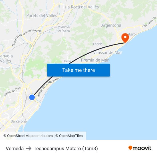 Verneda to Tecnocampus Mataró (Tcm3) map