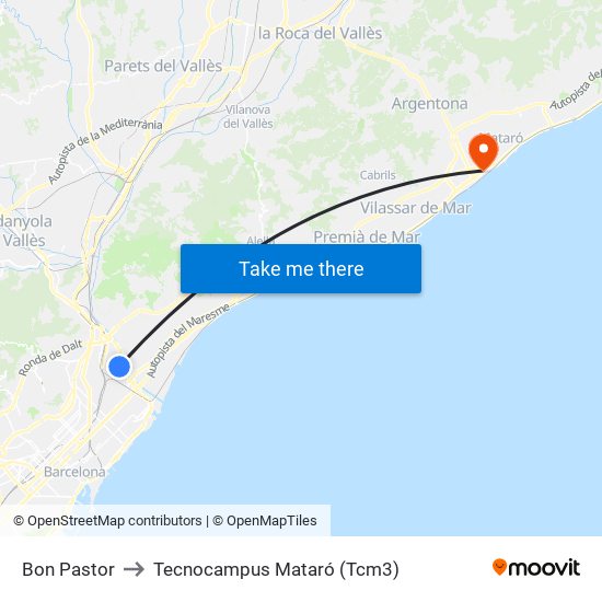Bon Pastor to Tecnocampus Mataró (Tcm3) map