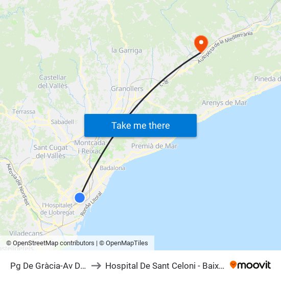 Pg De Gràcia-Av Diagonal to Hospital De Sant Celoni - Baix Montseny map