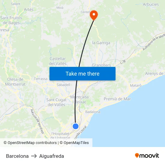 Barcelona to Aiguafreda map