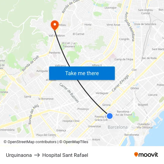 Urquinaona to Hospital Sant Rafael map
