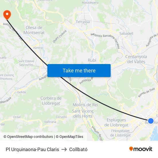 Pl Urquinaona-Pau Claris to Collbató map