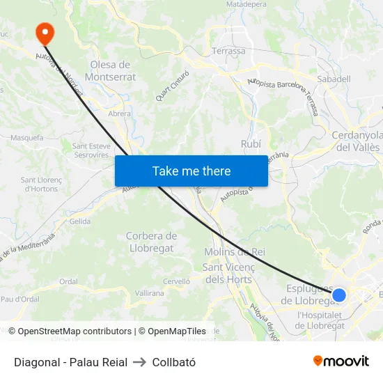 Diagonal - Palau Reial to Collbató map