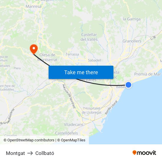 Montgat to Collbató map