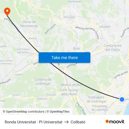 Ronda Universitat - Pl Universitat to Collbató map