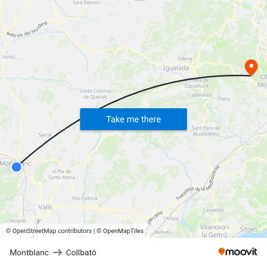 Montblanc to Collbató map