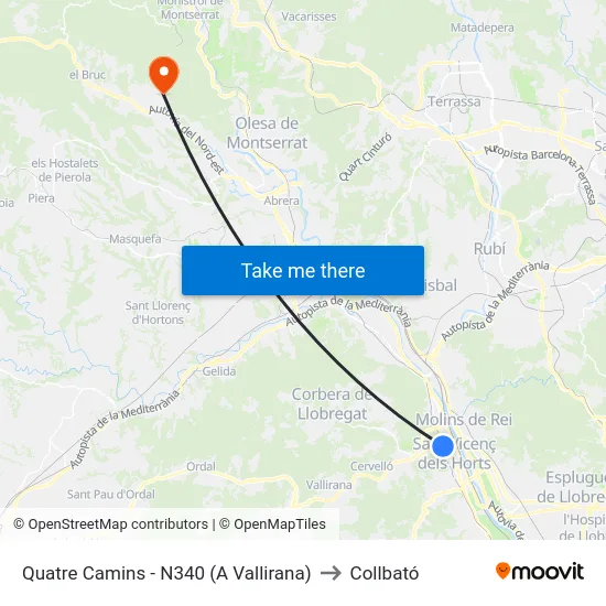 Quatre Camins - N340 (A Vallirana) to Collbató map