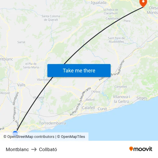 Montblanc to Collbató map