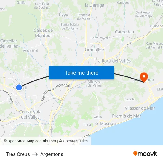 Tres Creus to Argentona map