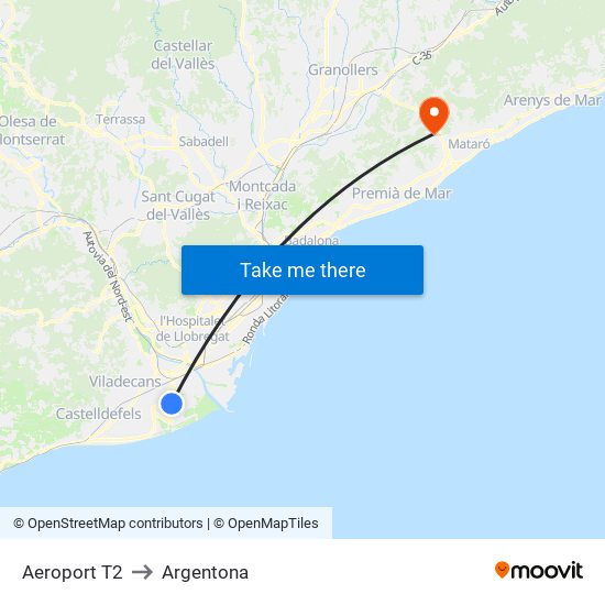 Aeroport T2 to Argentona map