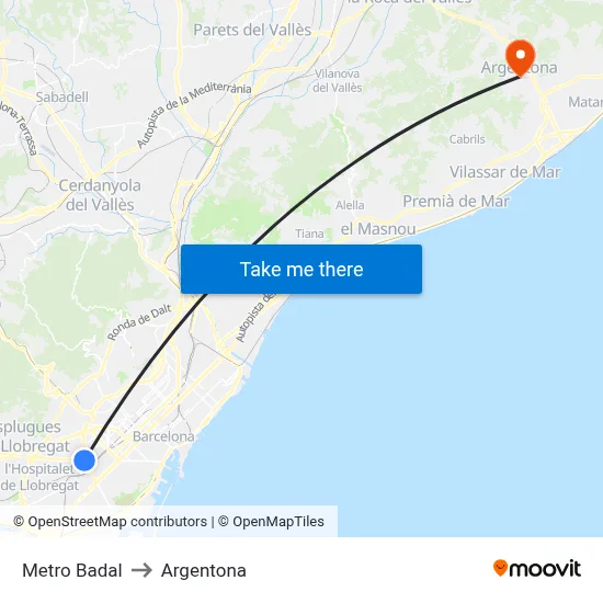 Metro Badal to Argentona map
