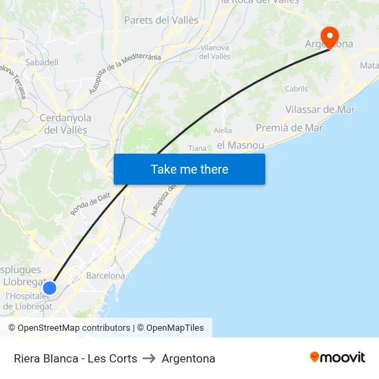 Riera Blanca - Les Corts to Argentona map